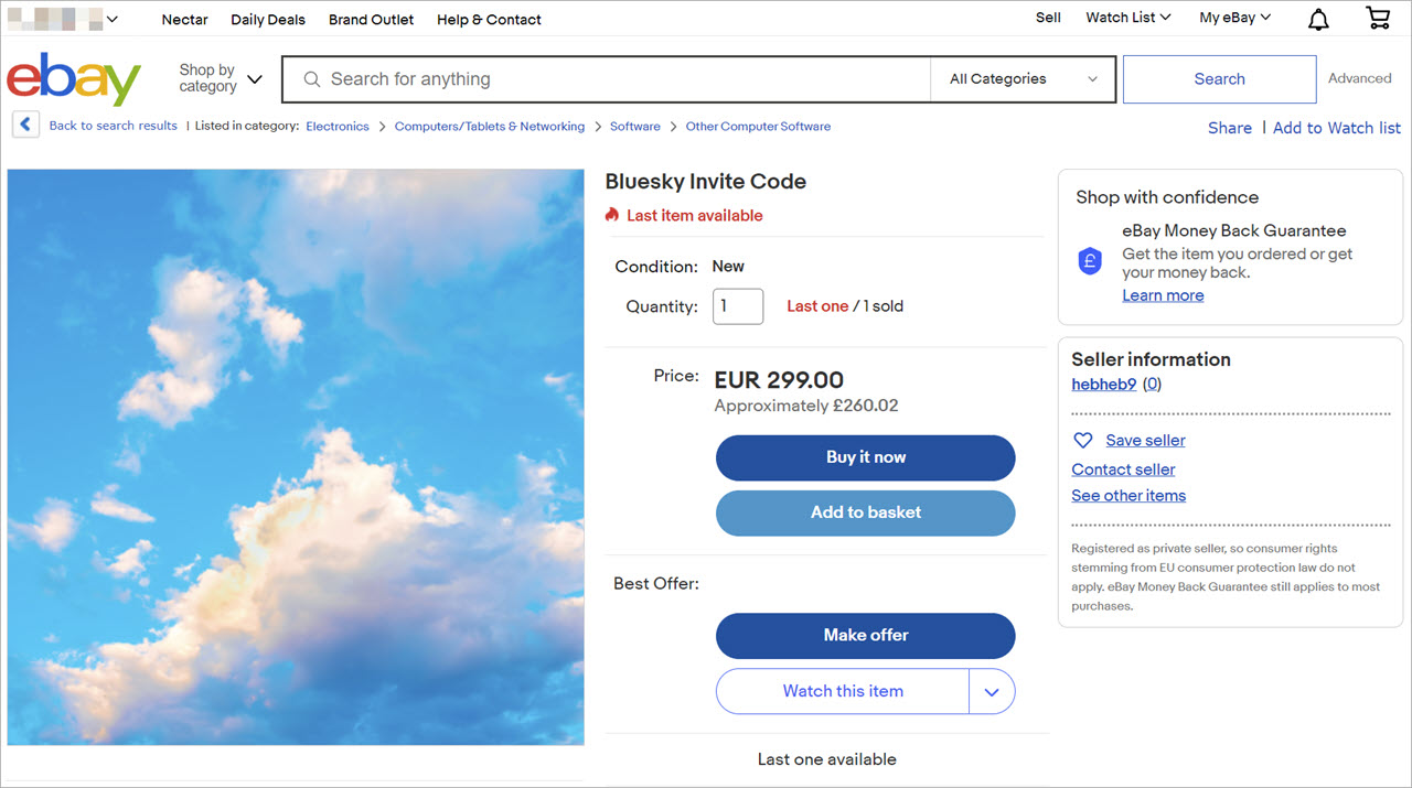 Bluesky invitation code for sale on eBay 11 May 2023.